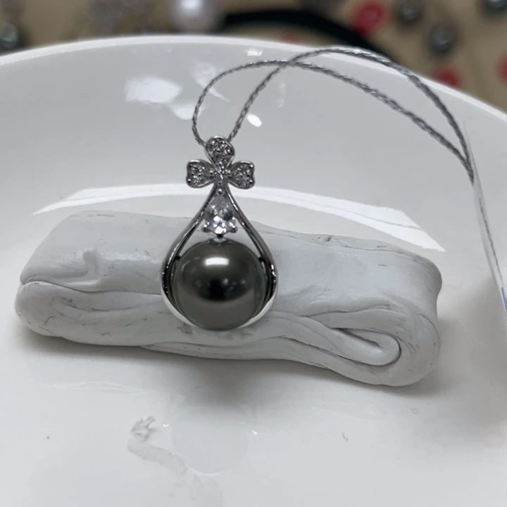 海水珍珠颈饰银S925镶嵌大溪地 9-10mm 41号