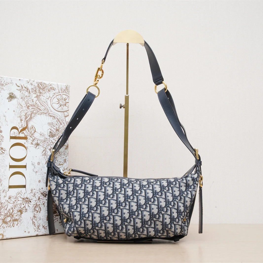 99新 DIOR/迪奥 【念念】D-journey 小号 23cm 蓝色 帆布 金扣 包