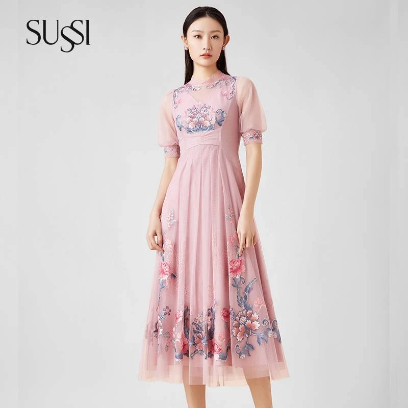 SUSSI/古色【镜花水月】网纱刺绣花边立领灯笼袖短袖休闲中式连衣裙