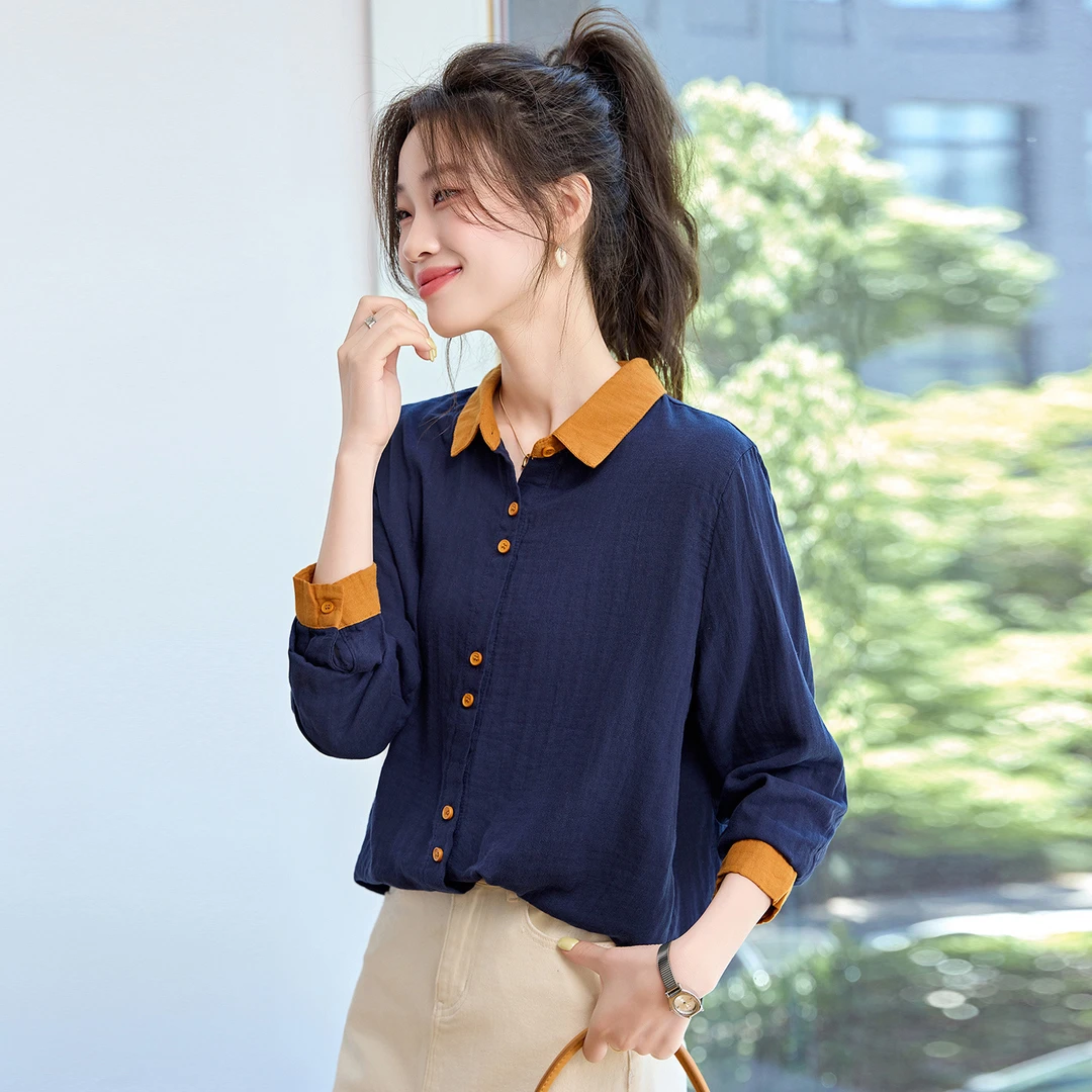 棉质拼色衬衫女士2025春秋新款宽松百搭小个子上衣气质长袖衬衣薄