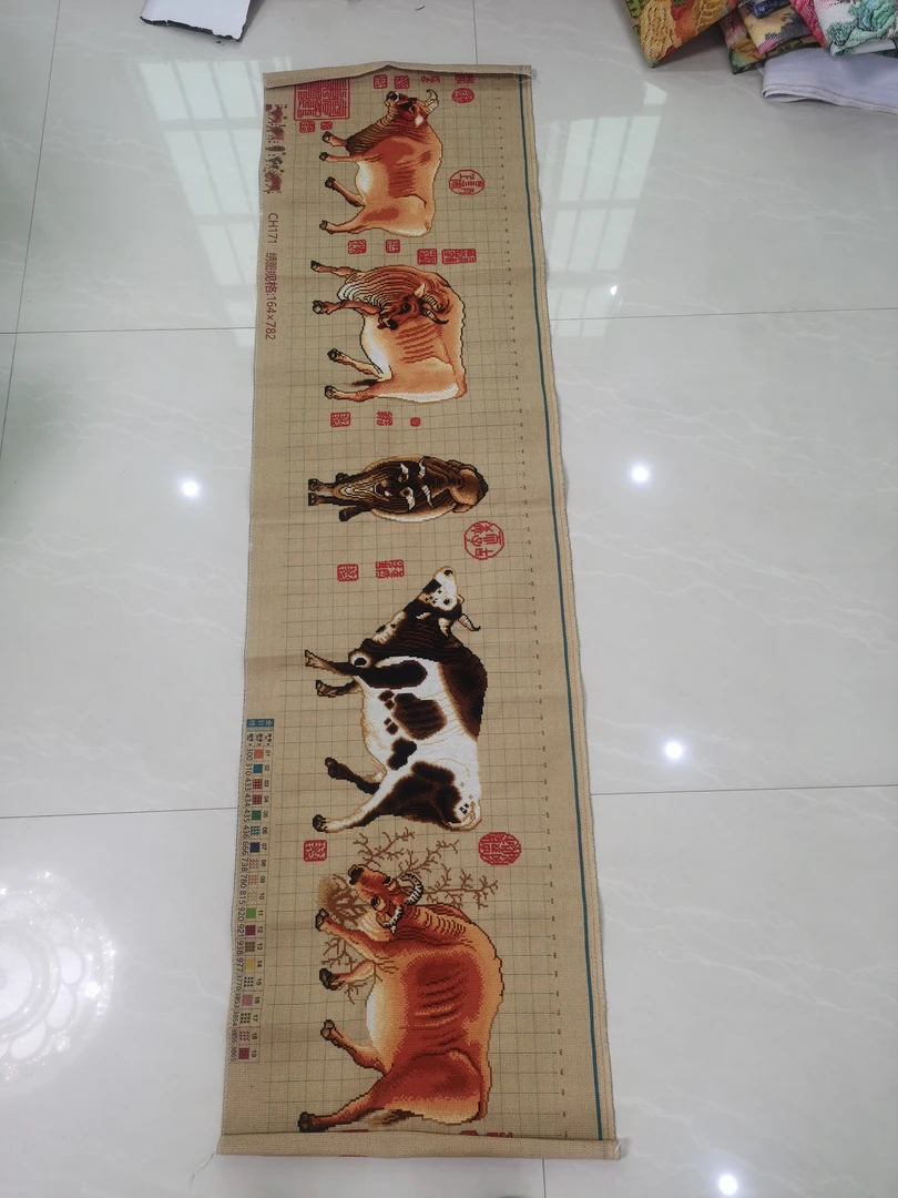 纯手工十字绣成品五牛图190*50