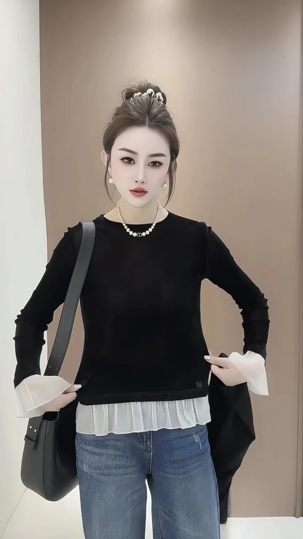 撞色拼接木耳边长袖T恤女新款修身显瘦减龄洋气打底上衣