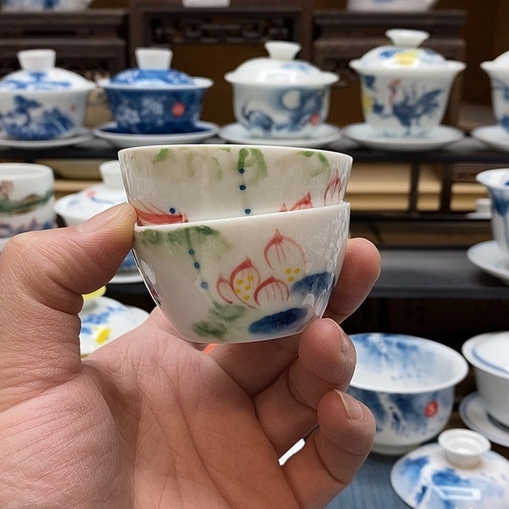 手绘微瑕荷花杯子2个装