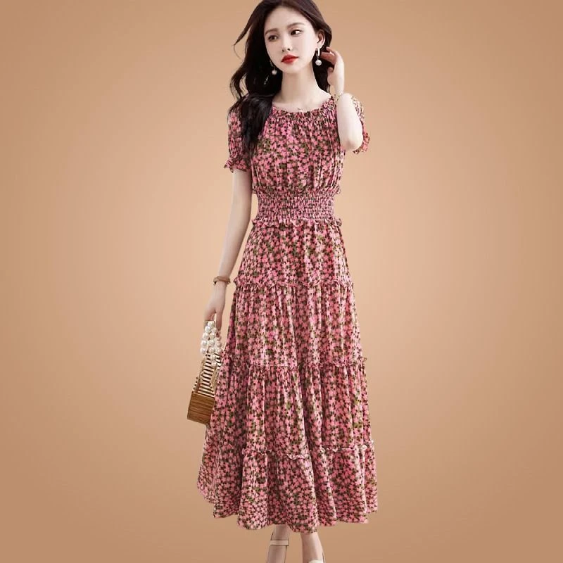 雪纺连衣裙女2023年夏季新款法式气质高级感碎花长款束腰修身裙子