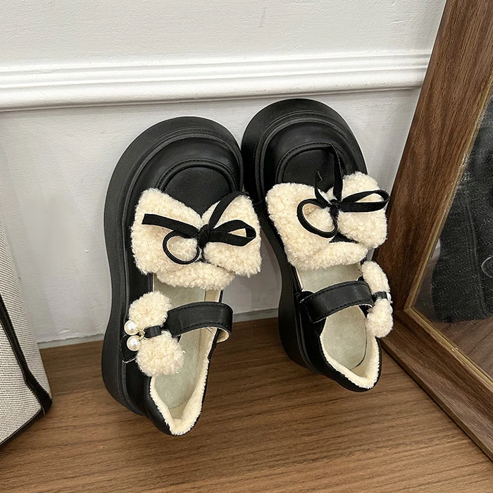 网红棉鞋女2025冬季新款时尚百搭加绒豆豆鞋复古蝴蝶结洋气乐福鞋