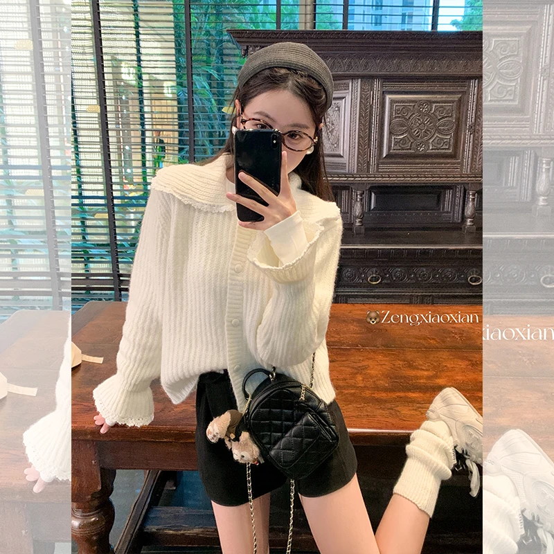 【清清】曾小咸 日杂甜美风杏色翻领蕾丝边毛衣Z244MY3384