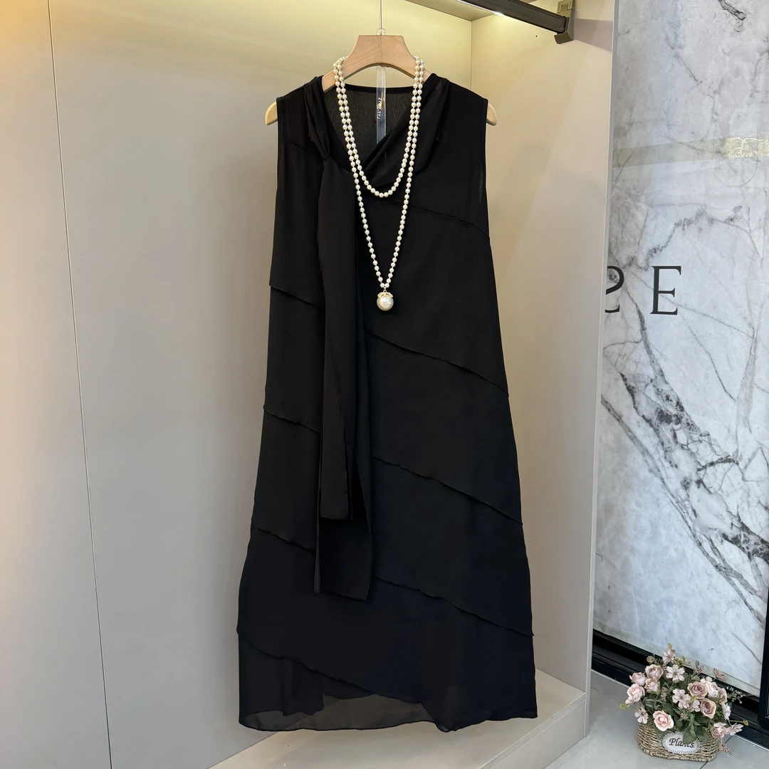 法式设计感无袖领结设计2025新款小众设计风中长款时尚连衣裙9101