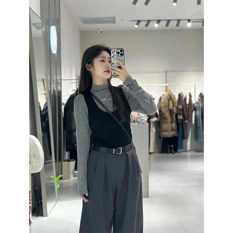 2025秋季新款时尚简约灰色打底衫叠穿背心上衣高腰休闲阔腿长裤女