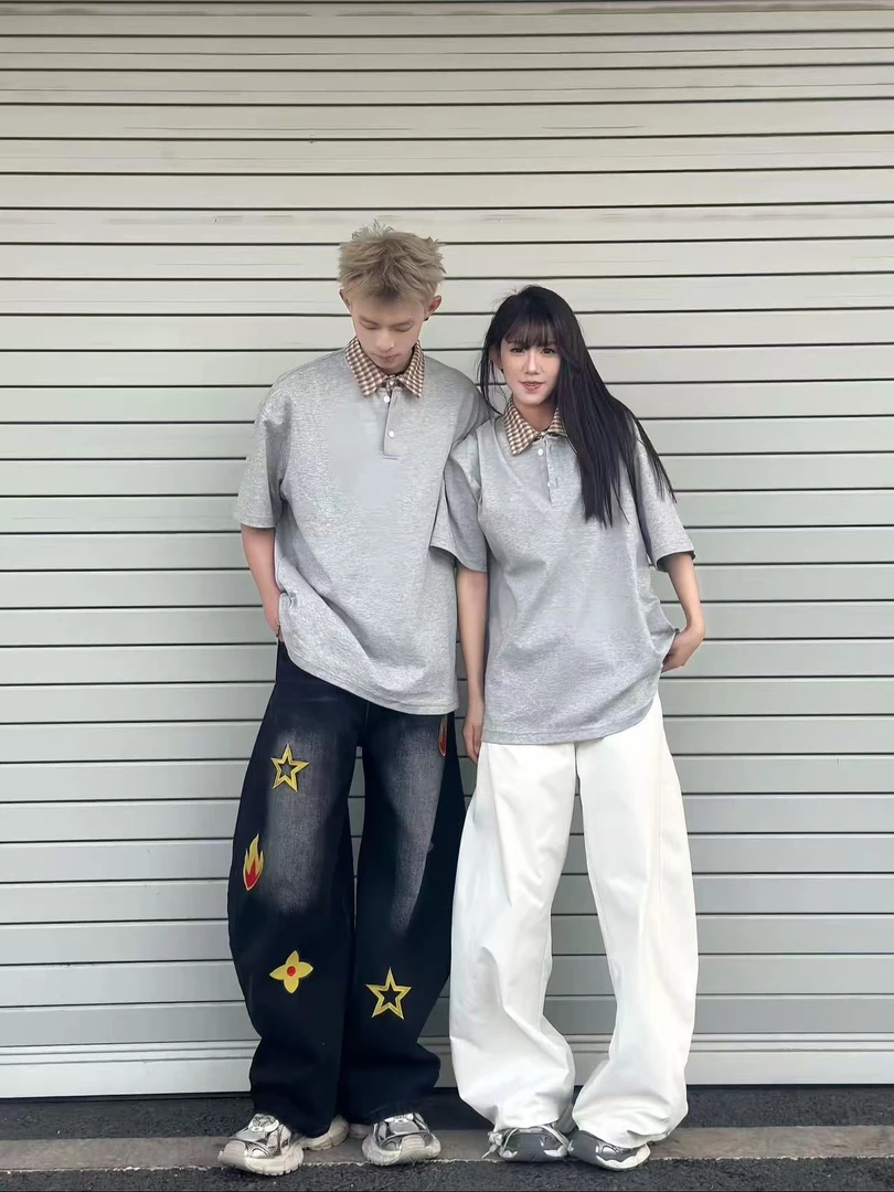 阿叔夏季美式格子撞色翻领polo衫百搭休闲宽松中性T恤短袖360-843