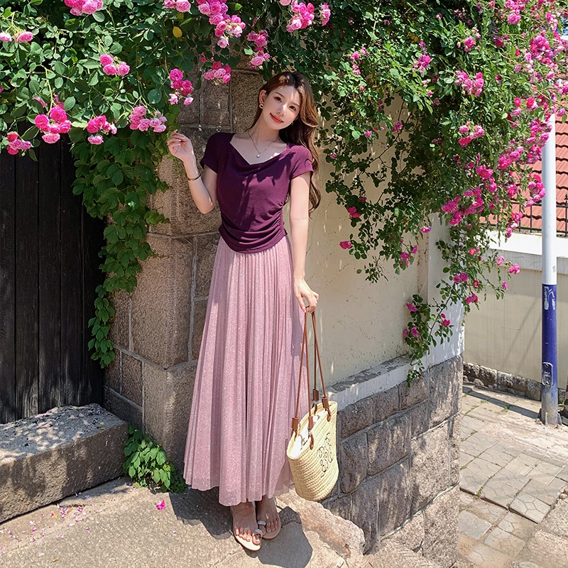 林关关 紫色网纱气质百褶半身裙女夏季显瘦中长款A字半裙71645