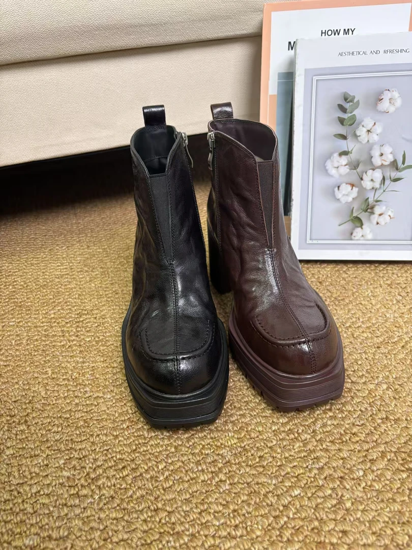 羊皮/8cm/新款时尚百搭小个子增高气质粗跟厚底舒适短筒真皮短靴