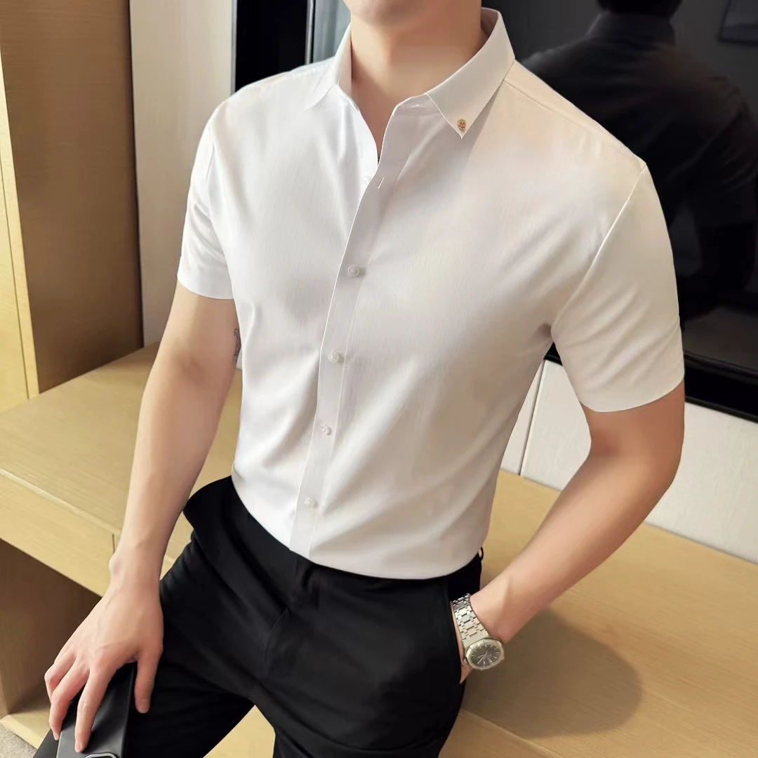 男士夏季高级感无痕短袖衬衫薄款休闲百搭修身抗皱免烫衬衣白色