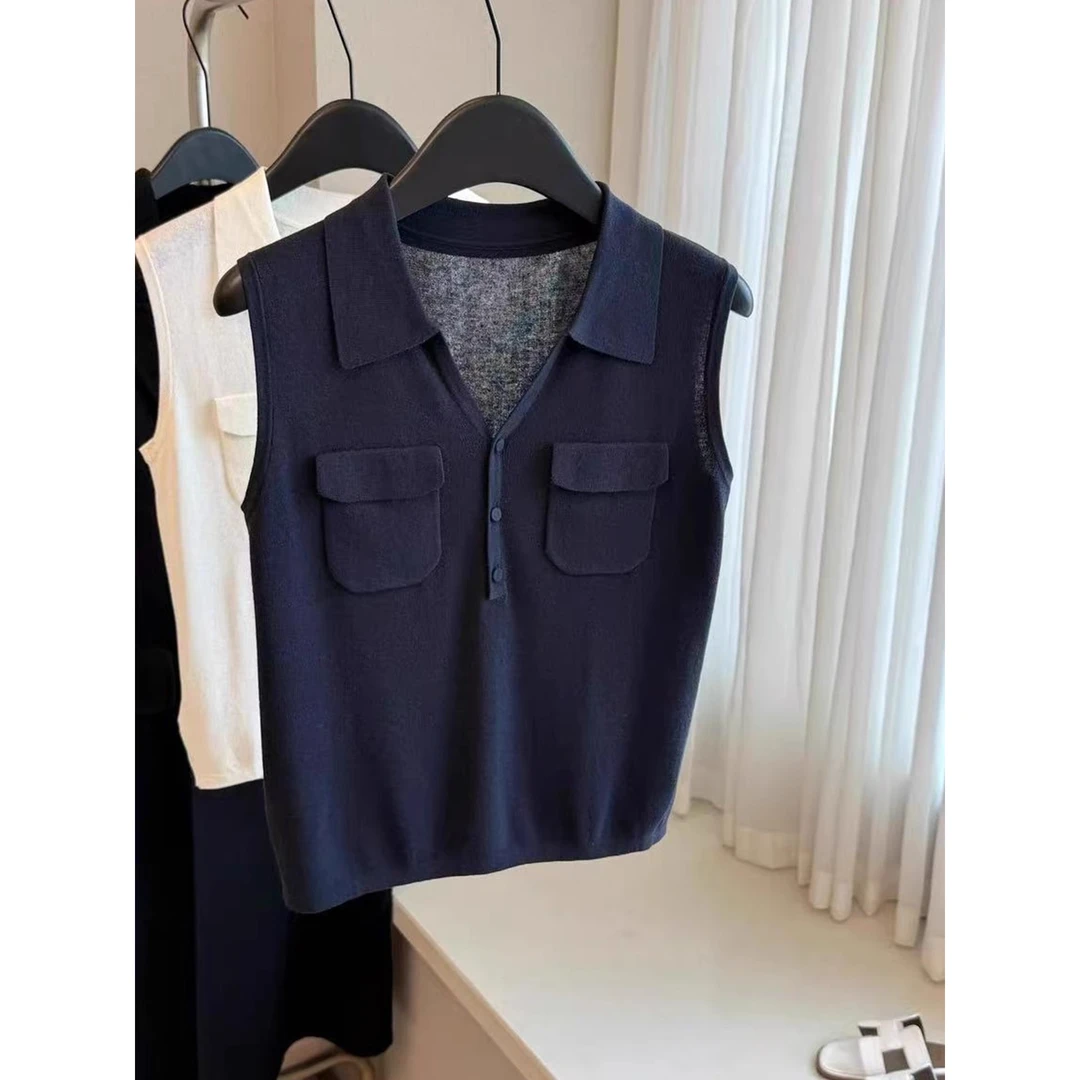 眼前一亮！轻奢无袖翻领背心2025夏季气质修身显瘦针织衫百搭坎肩