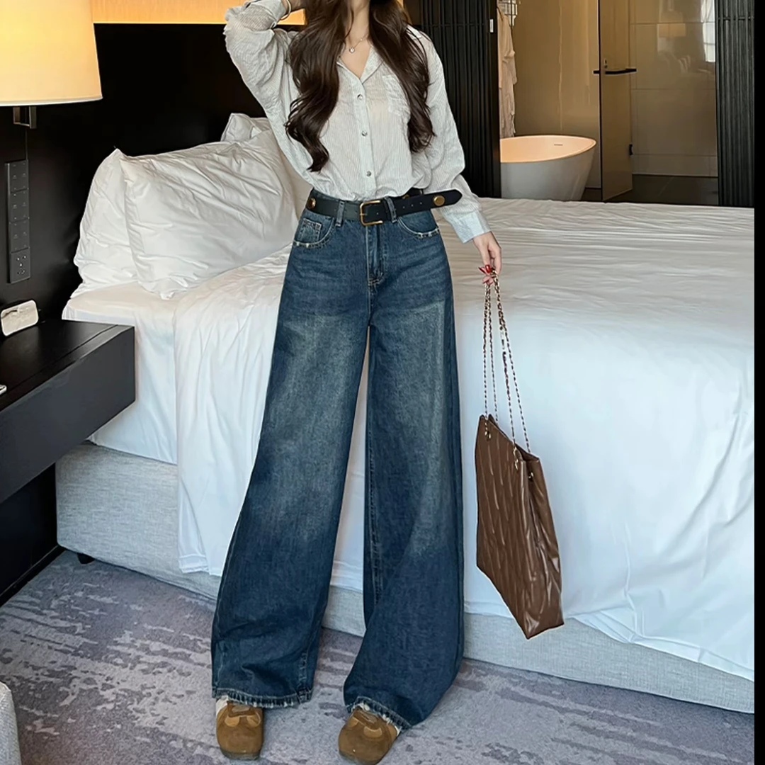 25美式复古磨破设计直筒阔腿牛仔秋冬新款中高腰宽松遮肉垂感7055