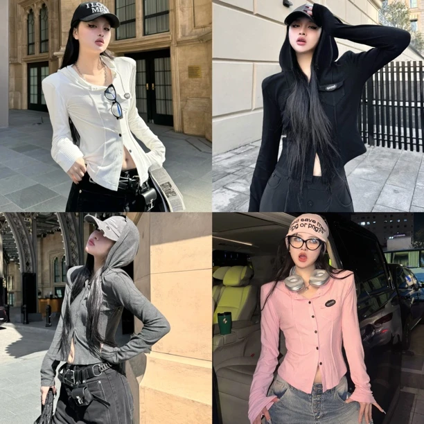 Blackgirl新款【微醺之后】糖果色夏季百搭显瘦高弹力打底连帽上衣