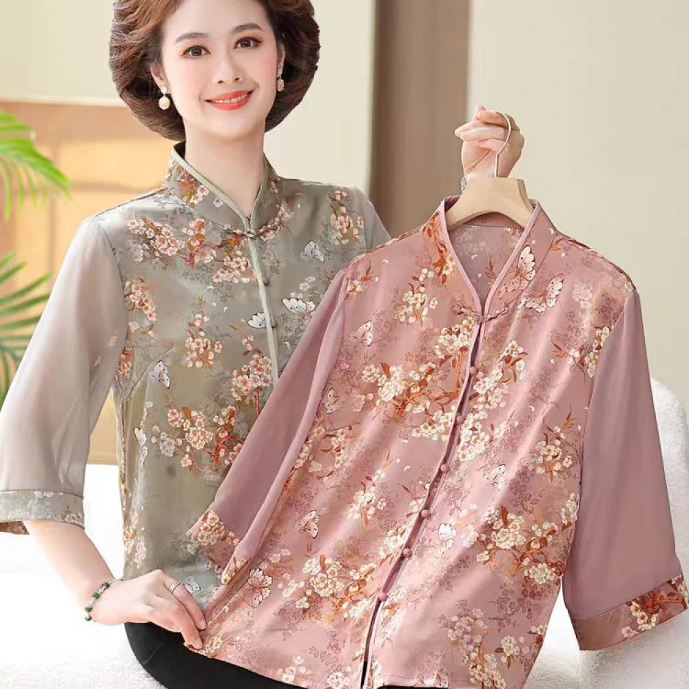 9293-夏季新款新中式旗袍领中袖洋气妈妈装高端衬衫上衣（A仓）