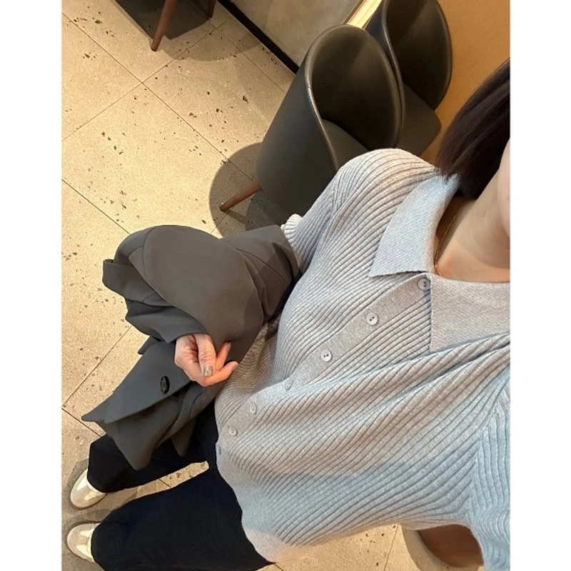 【约会日】内搭单穿都好看！法式温柔显瘦正肩坑条polo领针织小开衫