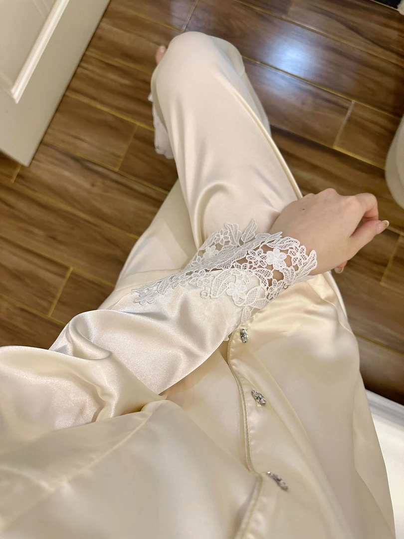 【DMXJ大梦想家】蕾丝拼接冰丝睡衣女士2025春秋新款法式轻奢家居服