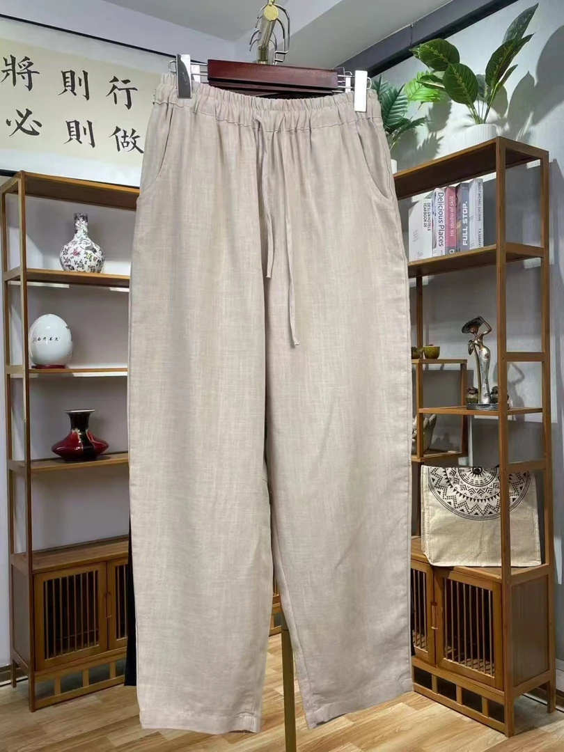 法国北纬100%雨露亚麻2025夏季新款高腰深裆小脚哈伦裤细支纱洗