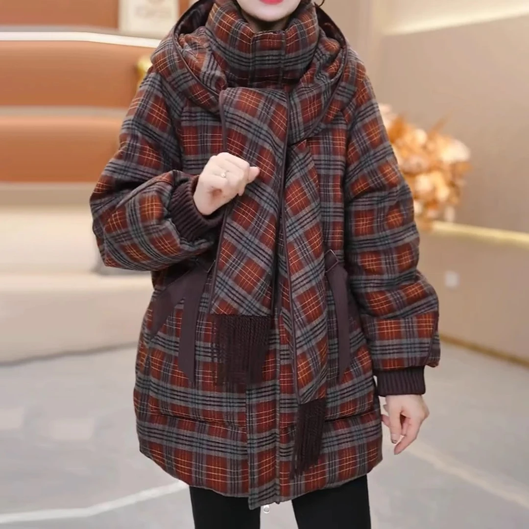 时尚格纹羽绒服女冬装2025新款流行爆款加厚保暖白鸭绒休闲外套