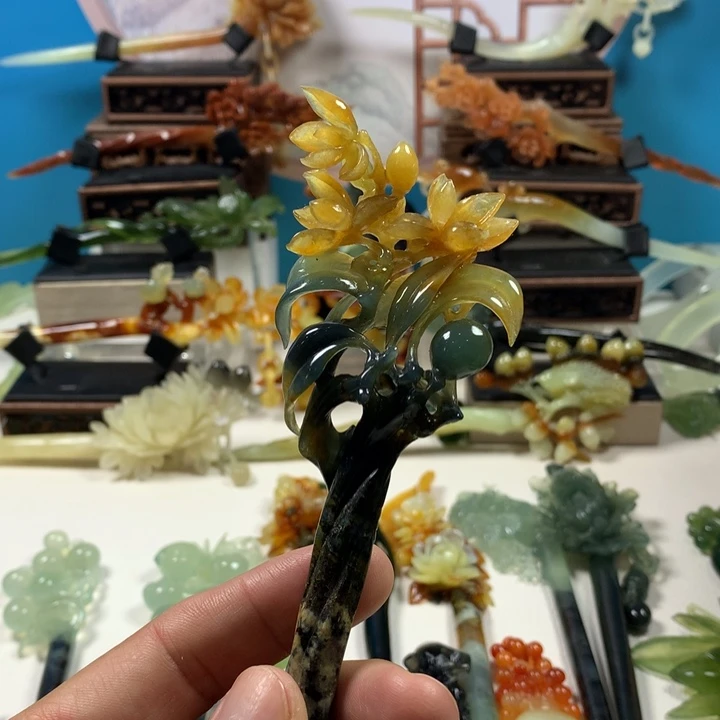 未镶嵌蛇纹石玉发簪绿**海