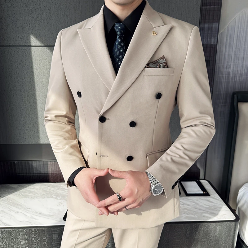 戗驳领双排扣西服套装男春秋韩版英伦修身小西装男士商务休闲新郎