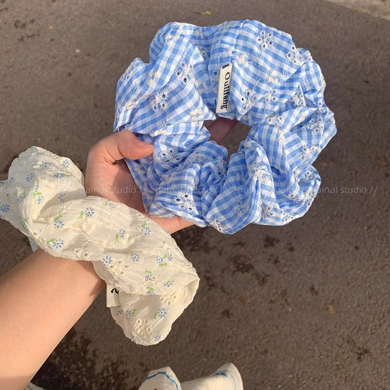 蓝色系大肠发圈~格纹刺绣小碎花丸子头低马尾发绳洋气夏季头绳女