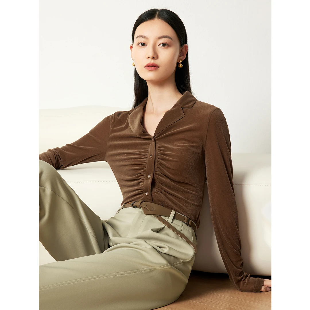 【婷婷专属】【丝绒褶皱衬衫】玖姿安娜蔻JTDQ60110复古S型针织长袖女