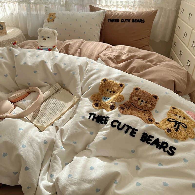 毛巾刺绣卡通纯棉床上四件套宿舍三件套被套床单学生条纹简约ins