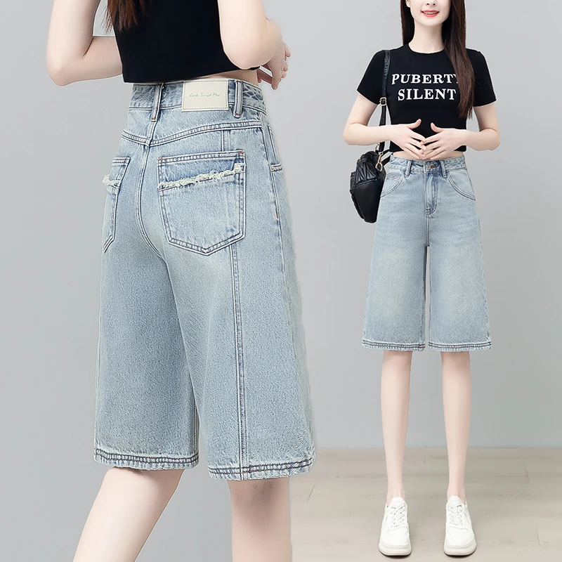 浅蓝色牛仔五分裤女中裤2025夏季新款高腰宽松薄款外穿六分直筒裤