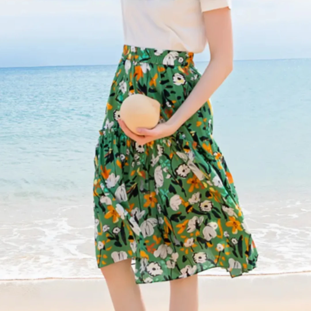 8507#【裙长72】薄款印花高腰半身裙时尚碎花百搭夏装裙子