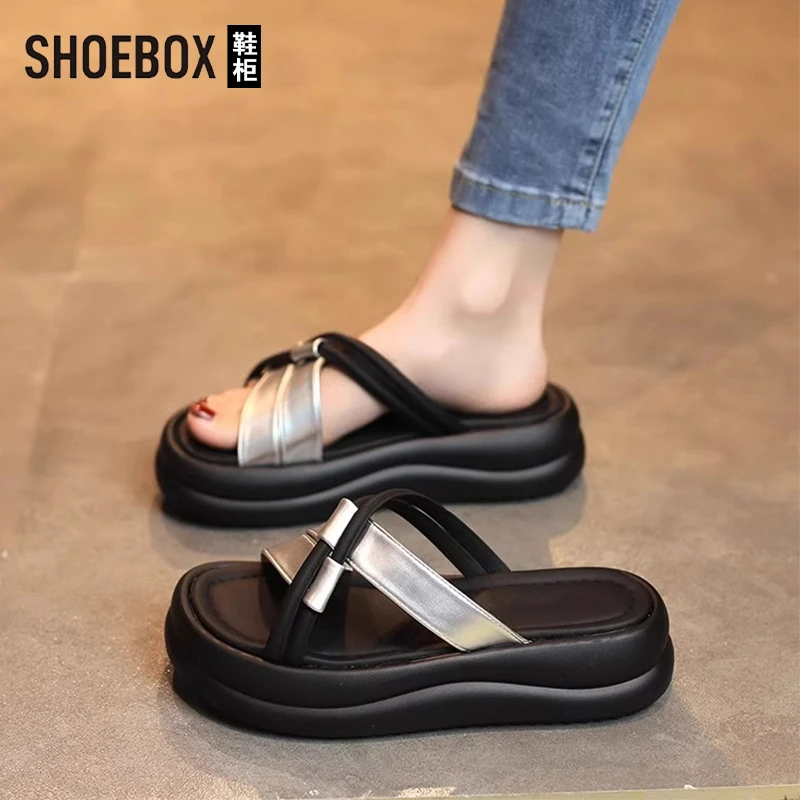 SHOEBOX鞋柜银色厚底凉拖鞋女2025新款夏外穿配裙一字拖沙滩鞋