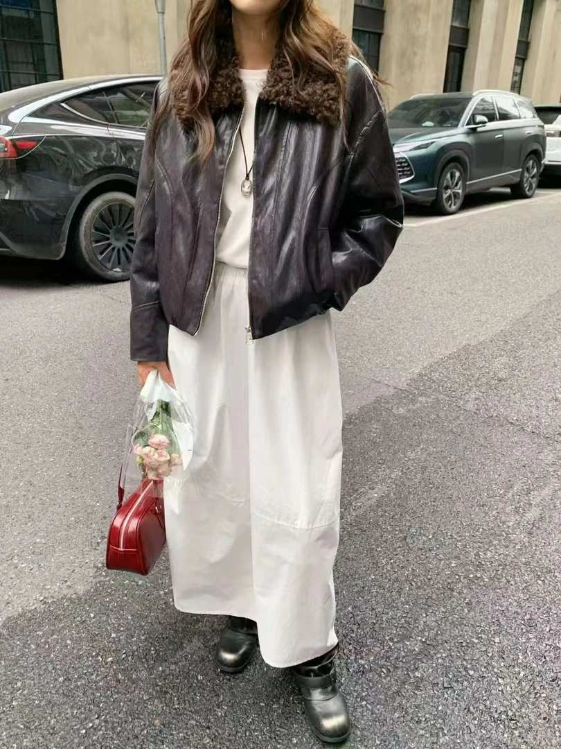 【锦衣服饰】WNSD 905欧货休闲翻领毛拼接短款皮羽绒外套