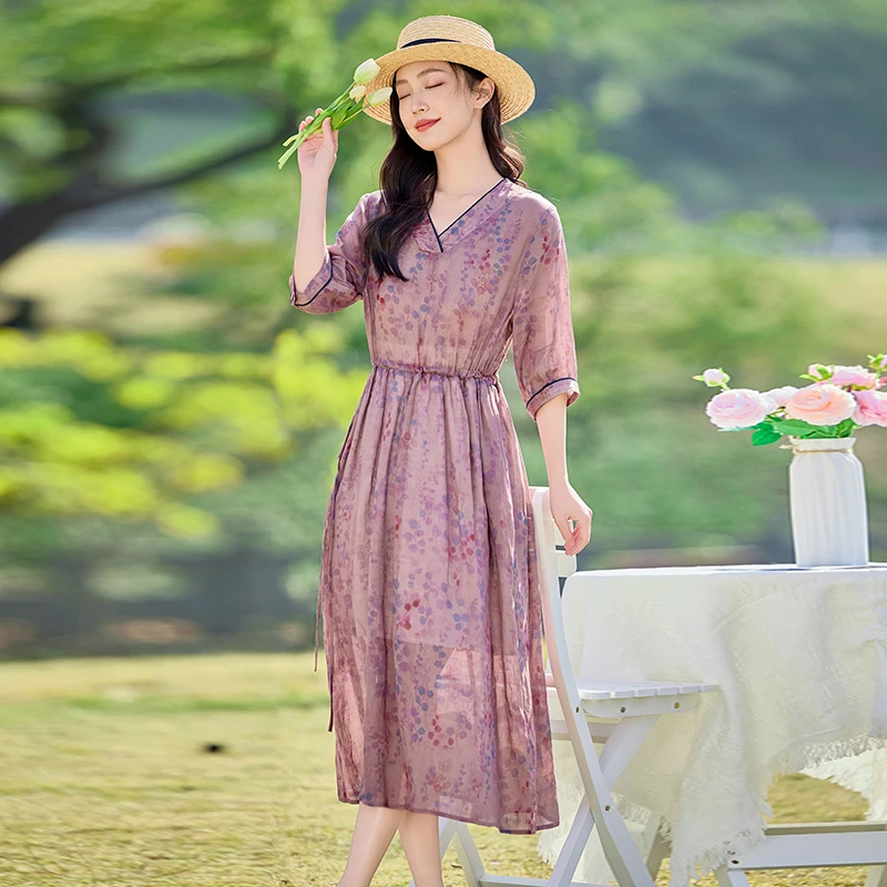高端苎麻碎花连衣裙女2025新款夏季气质显瘦文艺复古棉麻裙子薄款