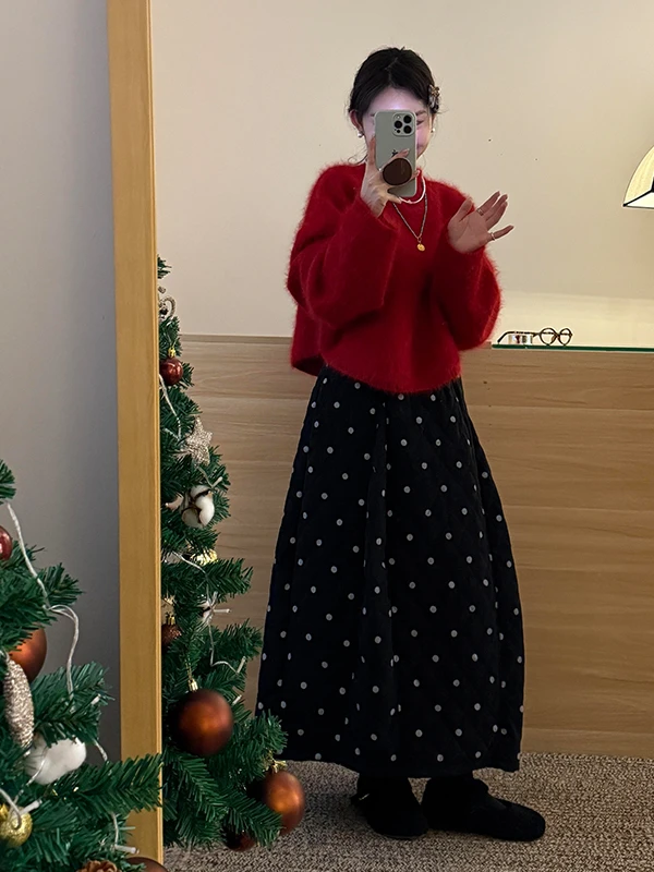 法式红色超好看慵懒风针织衫2025年冬季赫本风复古别致半身裙套装