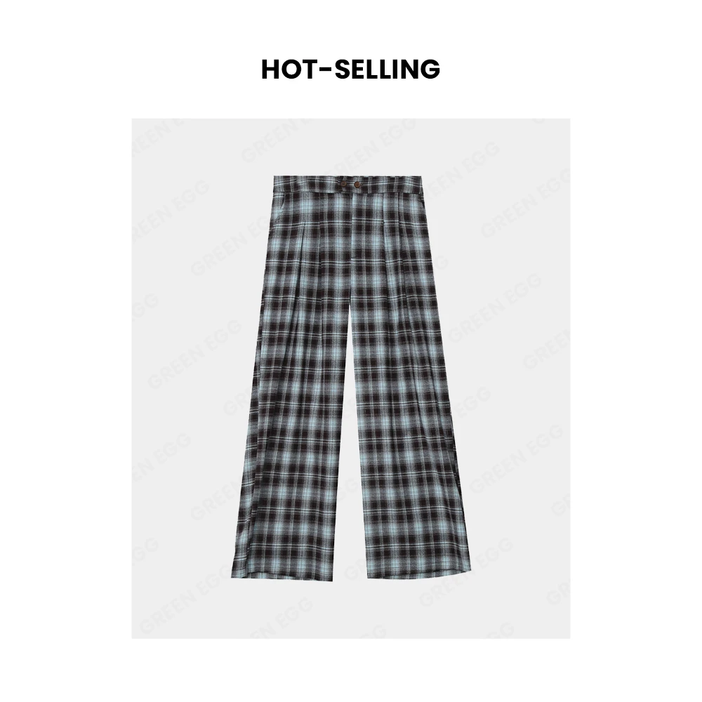【年中大清清】W1237通勤休闲 高腰格纹松紧腰直筒阔腿裤长裤