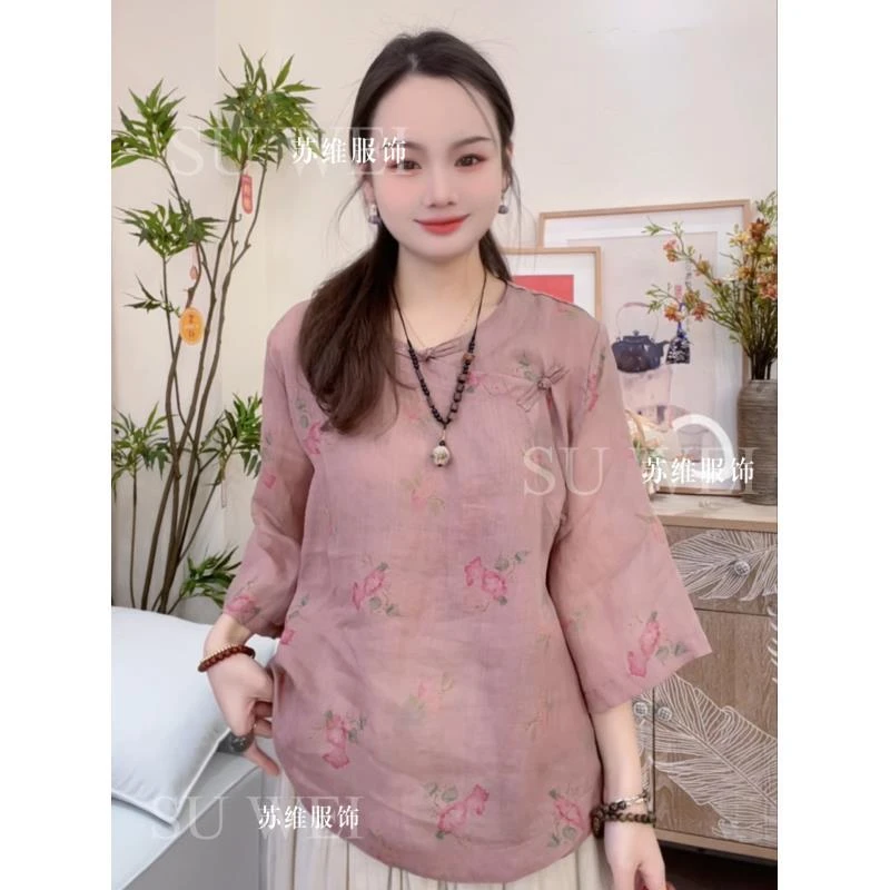 【维揽】8069薄款苎麻刺绣衬衫提花圆领新中式网红上衣时尚女装斜襟