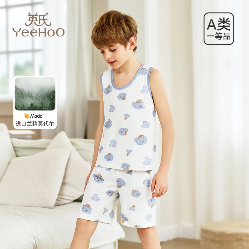 英氏莫代尔儿童睡衣短袖男童透气夏季薄款家居服分体空调服套装M