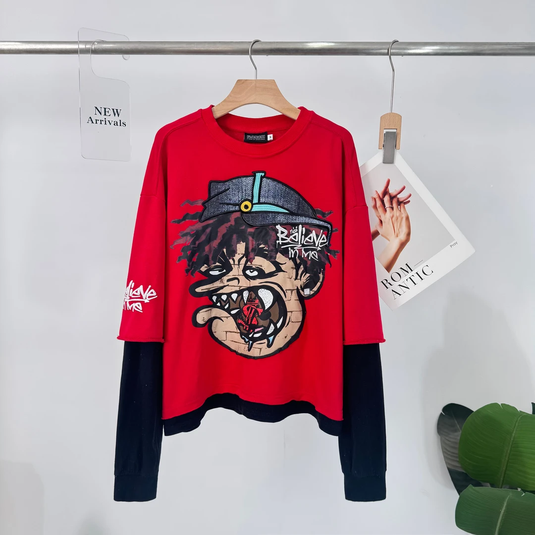 C773视觉系！3D立体图案假两件设计款圆领舒适百搭潮流T恤463