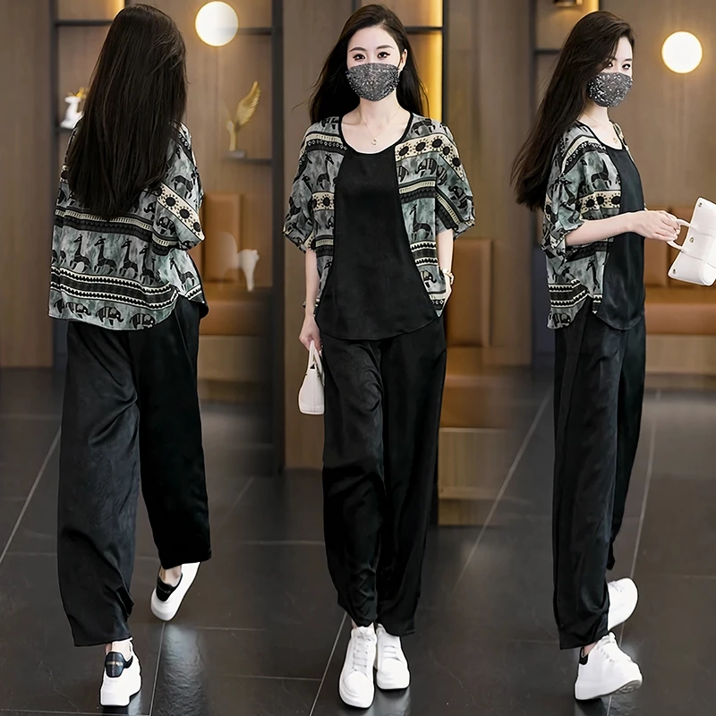 大码女装2025夏季新中式国风提花短袖时尚休闲宽松两件套舒适套装