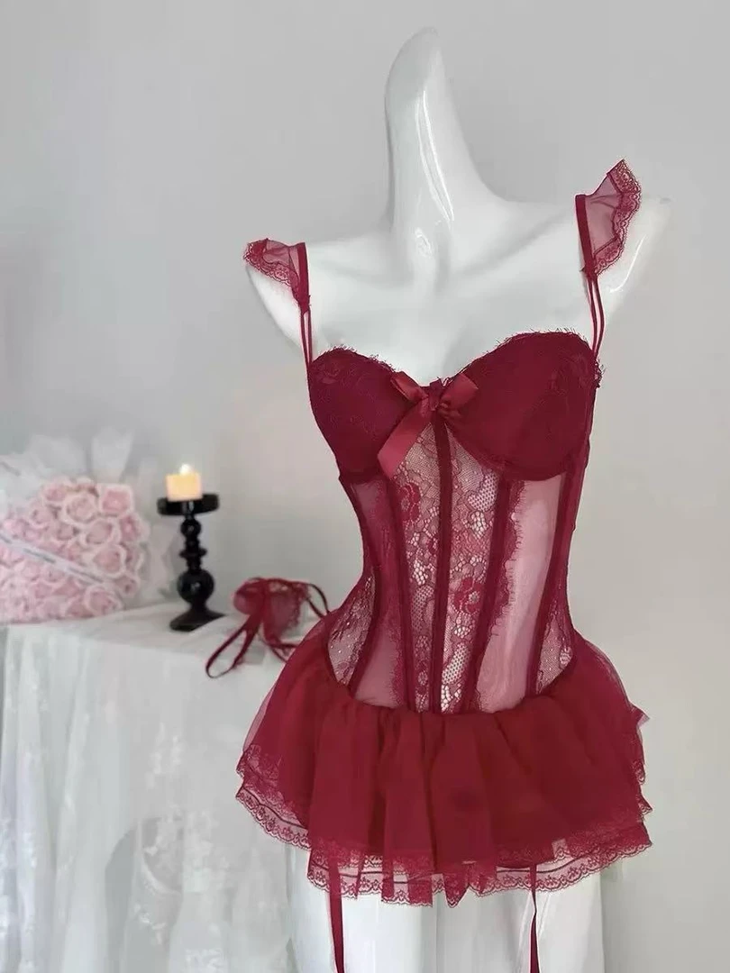 【繁花】80-180小胸显大胸垫马甲束身套装公主蕾丝吊带女