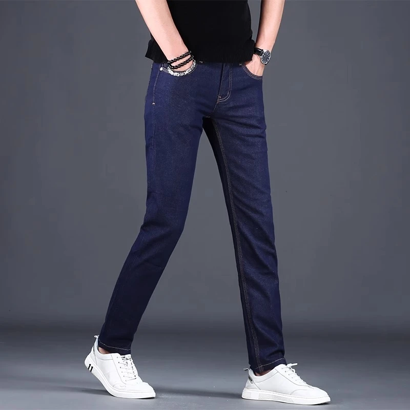 高端轻奢百搭牛仔裤男款夏季新款薄款深蓝色修身小脚潮流弹力长裤