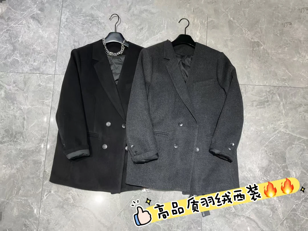 【彩丽家】宽松型老钱风保暖毛呢白鸭绒外套时尚个性羽绒西装上衣