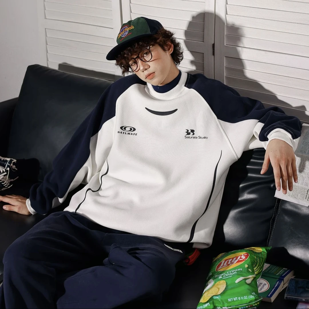 秋季美式重磅插肩袖宽松潮牌卫衣男女同款多巴胺休闲圆领卫衣-626