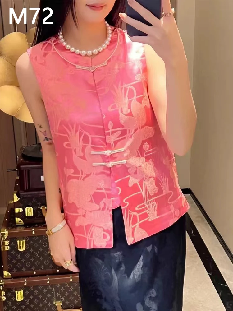 M72荷花仙鹤提花无袖复古风新中式马甲衬衫上衣宽松显气质