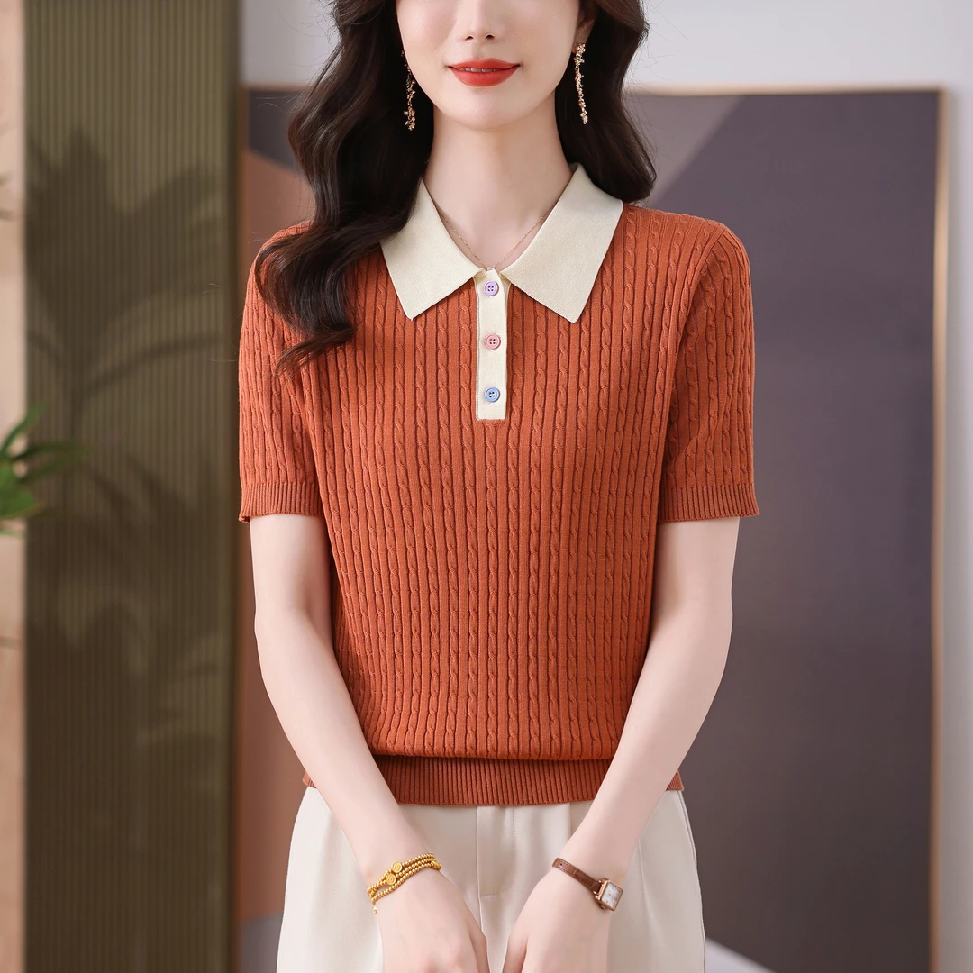 夏季女士翻领短袖洋气麻花T恤薄款宽松半袖百搭针织显瘦时尚夏装