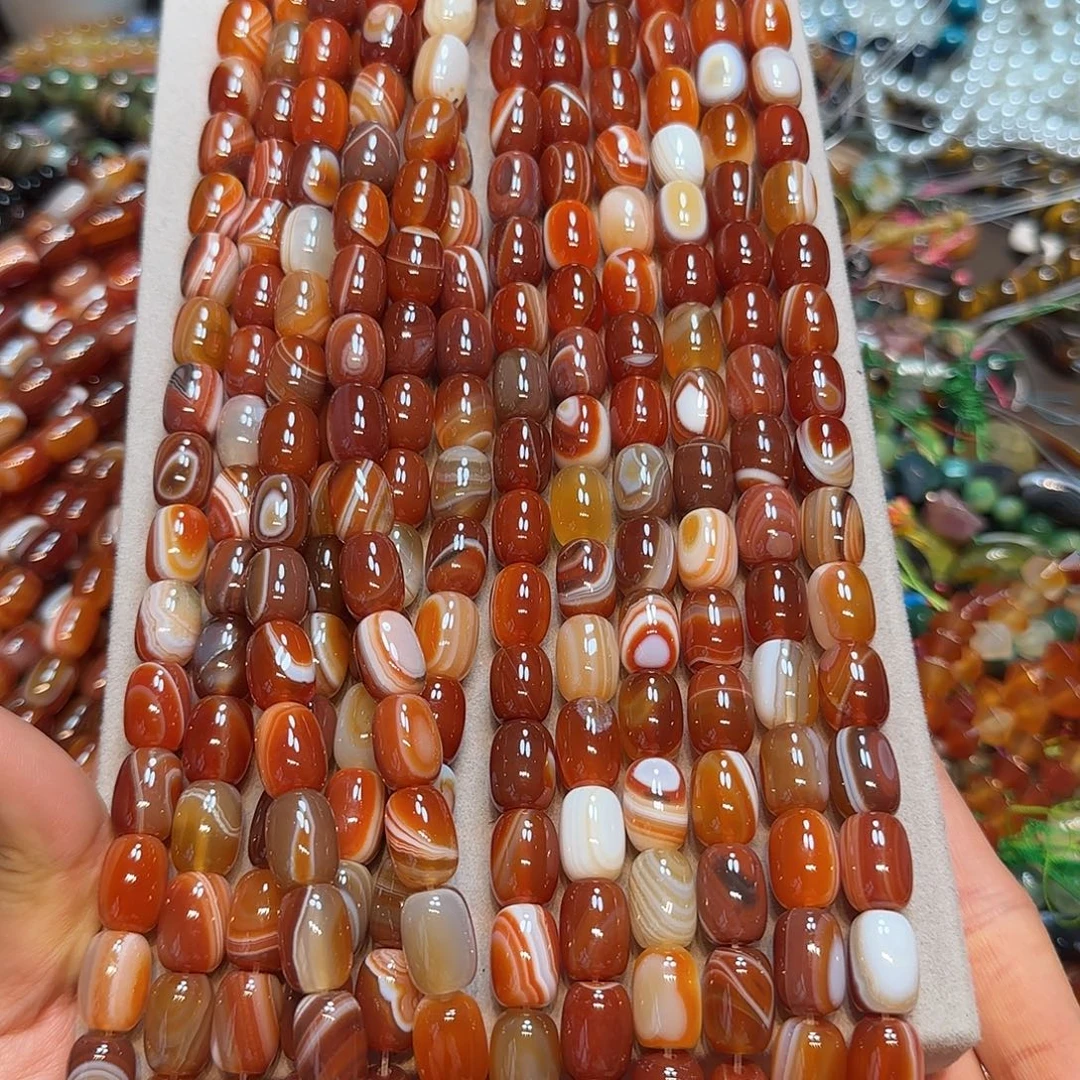 玛瑙/玉髓合金珠宝半成品10✖️14mm红玛瑙线条桶一条