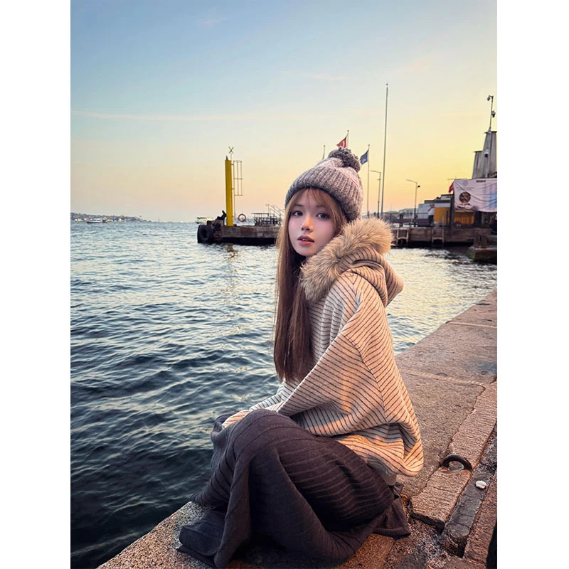 美式复古连帽女秋季新款毛领帽衫外套宽松针织开衫显瘦韩版长裙
