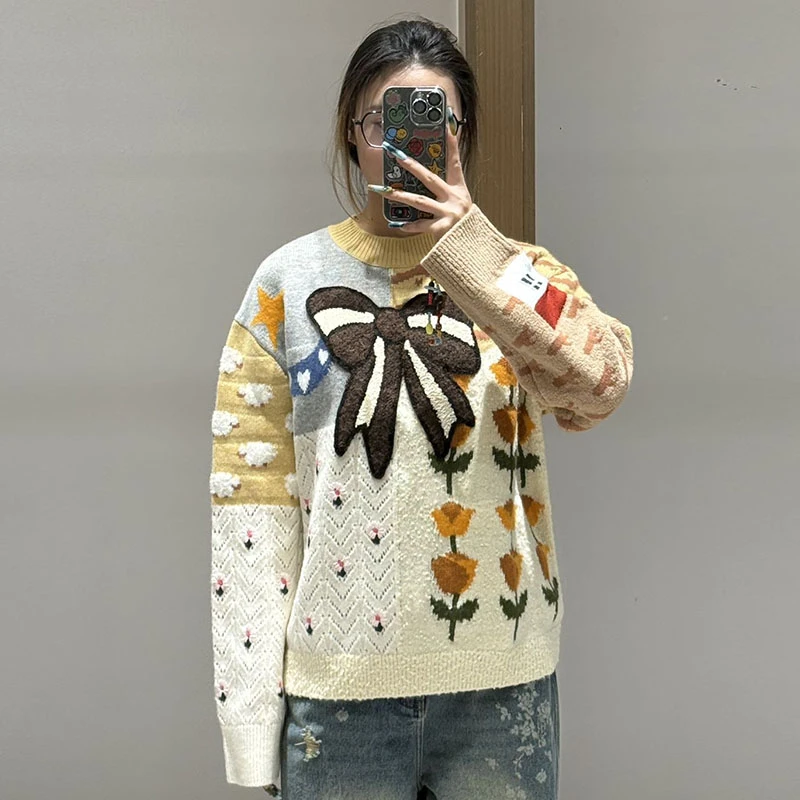 【现货】FORDARE/福蝶26春季设计师新品趣味撞色拼花蝴蝶结套头衫