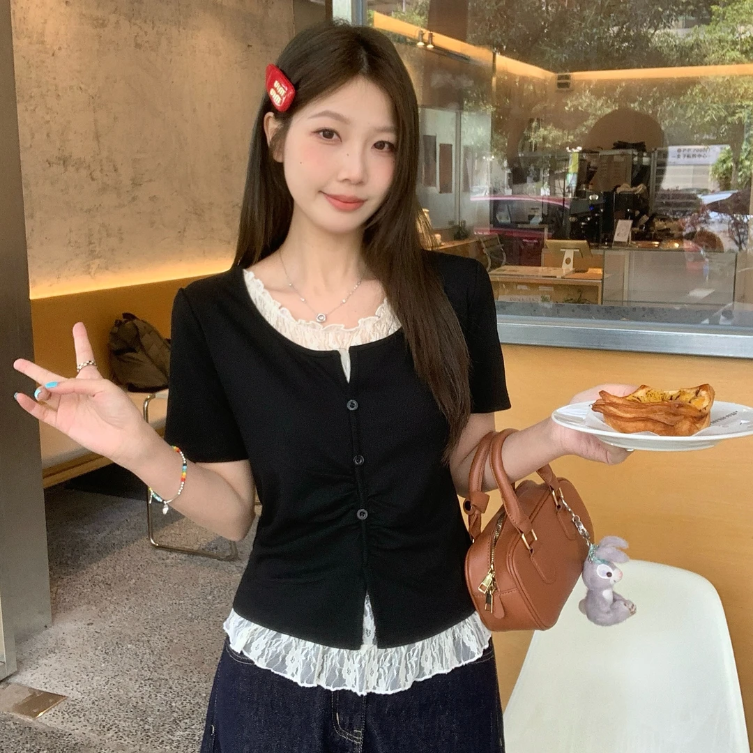 夏季胖mm韩系穿搭显瘦蕾丝拼接假两件短袖打底衫T恤女大码女上衣